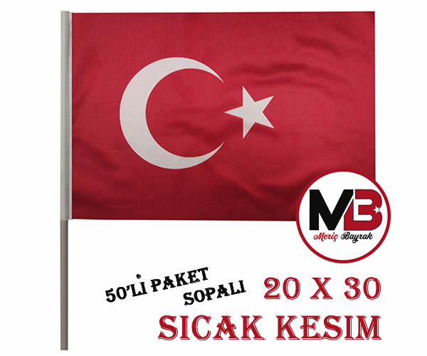 20 X 30 - Türk Bayrağı - Raşel Kumaş - Sopalı - 50'li